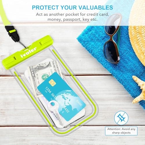 ivoler [2 Pack Waterproof Phone Case & Pouch Set - IPX8 Dry Bag with Waist Strap for Beach, Swimming, Kayaking - Fits iPhone 17 16 15 Pro Max, Samsung (Up to 7.0") - Lime Fluorescent Design — view 6