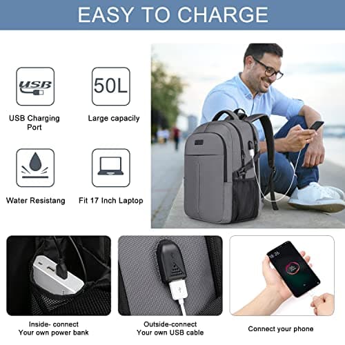 WENIG Extra Large Rucksack for Men 50L,Water Resistant 17.3 inch Travel Laptop Backpack Work Bag with USB Charging Port,Anti Theft Big Business Computer Backpack for Men Women College School-Grey — view 3