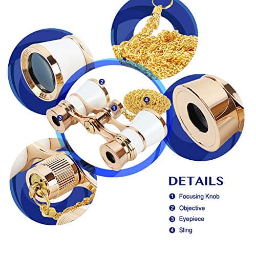 Aomekie Theatre Opera Glasses Binoculars 3X25 with Chain for Concerts Horse Racing Classical (White) — view 4