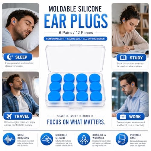 6 Pairs Soft Silicone Ear Plugs for Sleeping, Reusable Moldable Earplugs with Storage Cases, 32dB Noise Reducing Gel Ear Plugs for Sleep, Snoring, Swimming, Travel, Work, Study and Concerts (Blue) — view 4
