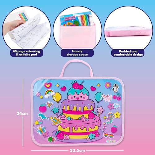 abeec Colouring & Activity Lap Case Pink | Portable Travel Art Set for Girls | 40 Page Colouring Pad, 6 Felt Tip Pens, Over 100 Stickers | Fun Lap Tray for Holidays, Homework & Road Trips — view 3