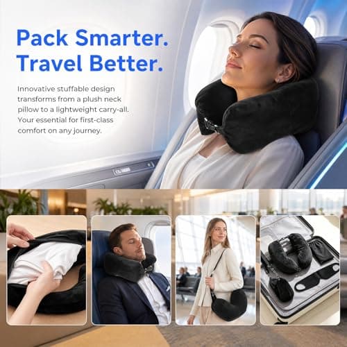 Binmiza Stuffable Neck Pillow for Travel, Travel Neck Pillows with Adjustable Strap & Sleep Mask, Fillable Travel Pillow with Clothes for Airplane Train Camping (Black) — view 5