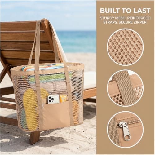 Wrbugukeji Mesh Beach Bag, Stylish Beach Tote for Swimming(Brown) — view 5