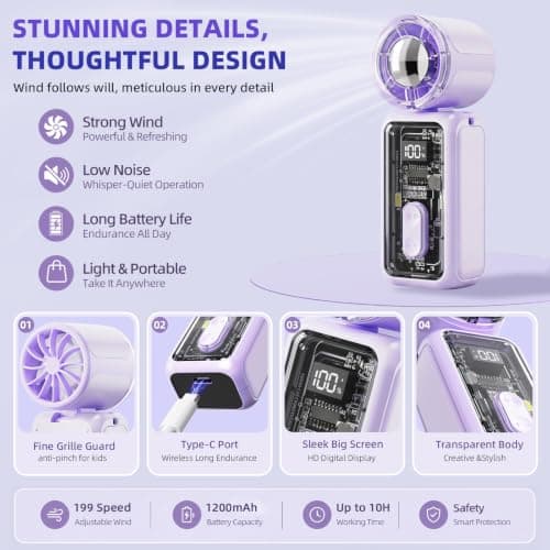 Portable Handheld Turbo Fan, 199 Speeds Rechargeable Mini Hand Held Fans with Digital Display & LED Light, Small Battery Powered Folding Personal Fan, Desk Pocket Fan for Travel Holiday Essentials — view 5