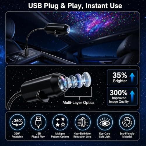 Plug and Play Star Projector Night Light – HD Glass Lens, 360° Flexible Neck, USB Powered, Interchangeable Theme Discs, Portable Galaxy Lamp for Bedroom, Home Theater, Car, or Travel (12 Slides) — view 3