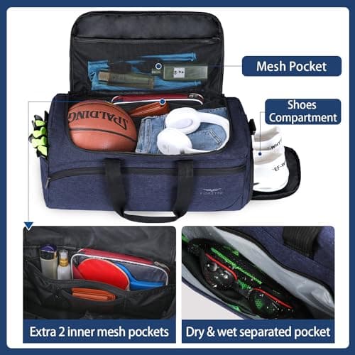 FIORETTO 35L Mens Sports Gym Bag with Wet Pocket & Shoe Compartment,Travel Duffle Bag Overnight Bag with Padded Shoulder Strap, Water-Resistant Sports Holdall for Swimming, Basketball Dark Blue — view 4