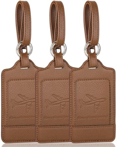 Teskyer 3 Luggage Tags for Suitcases, Travel Essentials, Brown