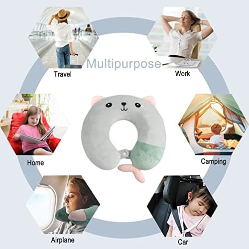 Travel Pillow - Soft Memory Foam Neck Pillow for Adults, Kids, Children, Convenient & Portable U Shaped Neck Pillows, Cute Animal Airplane pillow for Home, Office, Camping, Travelling, Sleeping (Grey) — view 3