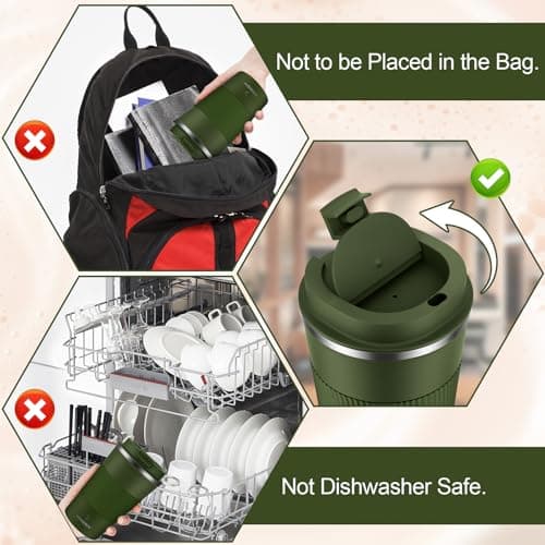 MOMSIV Coffee Cup, Insulated Coffee Cup with Leakproof Lid, Non-Slip Vacuum Reusable Stainless Steel Eco-Friendly Travel Office Mug for Hot and Cold Water Coffee and Tea, 380ml/13oz(ArmyGreen) — view 6