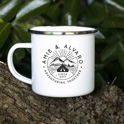 eBuyGB Personalised Adventuring Together Enamel Coffee Mug - 13oz Travel Camping Metal Tea Cup, Couples Gifts, 10th Anniversary Tin Gift (380 ml, 1 Mug) — view 3