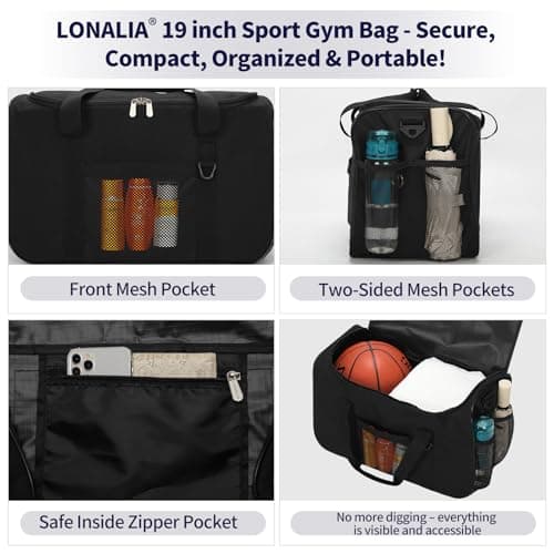 LONALIA 34L Gym Duffle Bag, 19 inch, Black — view 4