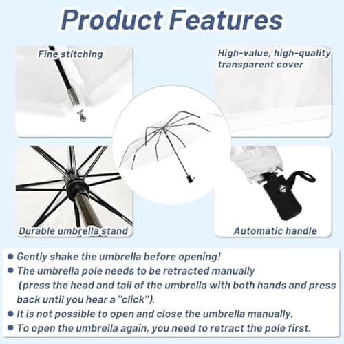 VIPOPICO Clear Umbrella Automatic Open Close – Compact Travel Umbrella with Frosted Handle | Transparent See-Through Dome Design | Wedding, Bridal & Daily Use (Clear-Black) — view 2