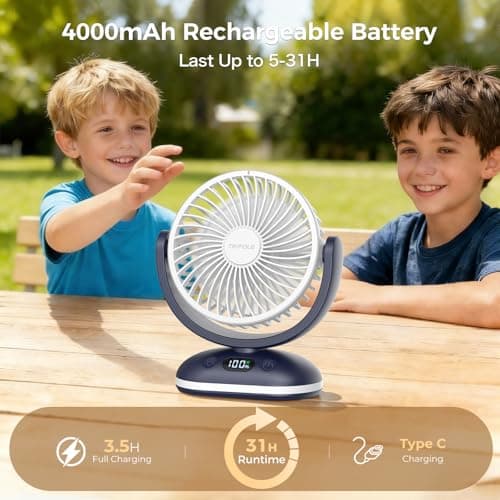 TriPole 4000mAh Rechargeable Desk Fan 31H Runtime, 4 Speed Portable USB Fan with LED Display, Battery Operated Ultra Quiet Table Fans, Head Adjustable for Office, Bedroom, Camping, Travel (Navy Blue) — view 3