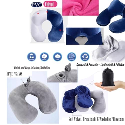 Inflatable Travel Pillow for Airplane Inflatable Neck Pillow for Traveling, Compact Ergonomic Neck Pillow Kits with Ear Plug and Eye Mask, Sleeping Rest Cushion for Airplane, Car, and Train (Blue) — view 5