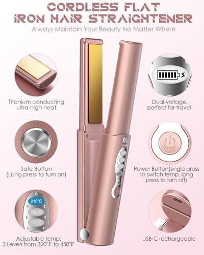 Portable Titanium Cordless Hair Straightener, Heats Up in Seconds & Lasts Up to 50 Minutes & USB Rechargeable, Dual Voltage Mini Travel Flat Iron Straightening for Small Touch-Ups-Not for Thick Hair — view 6