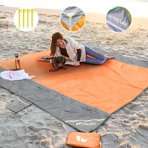 COVACURE Beach Blanket Mat, Sand Proof with 3 Zipper Pockets, 210 x 200cm