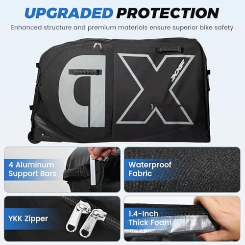 Exquimac Bike Travel Case & Bike Travel Bag - Bicycle Pro Transport Equipment for Air Flights - Oversized Capacity, Waterproof Fabric with 4 Aluminum Support Bars, Wheel Protection Tubes & YKK Zippers — view 3