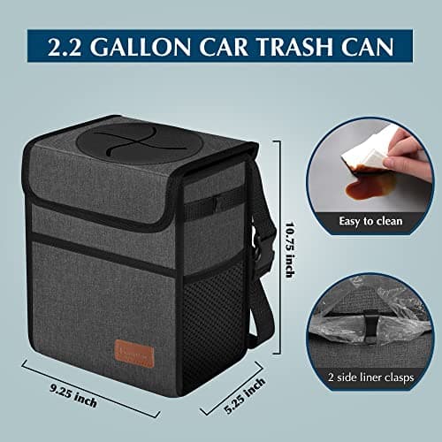 Leak Proof Car Trash Bag Waterproof Garbage Can with Lid for SUV Front Seat Multipurpose Car Hanging for Headrest Collapsible and Portable with Storage Mesh Pocket, Charcoal Gray — view 2