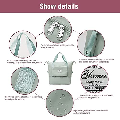YAMEE Large Capacity Folding Travel Duffel Bag, Green, 28cm x 4cm x 18cm (Folding), 42cm x 22cm (Unfolded), 38cm (Expanded), Waterproof, Oxford Cloth + Polyester — view 5