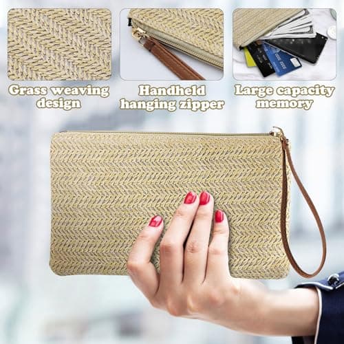 WisePoint Womens Straw Clutch Bag, Straw Wristlet Bags Handbags for Women, Bohemian Woven Beach Bags with Handle Fashion Purse Wallet for Beach, Travel, Party, Wedding (beige) — view 5