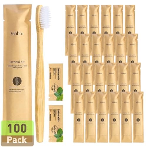 FEHHTO 100 Pack Bamboo Toothbrushes Kit Bulk, Disposable Toothbrushes Soft Bristle with Toothpaste (6g), Individually Wrapped Guest Dental Kit for Hotel Amenities, Airbnb Hosts, Travel & Camping