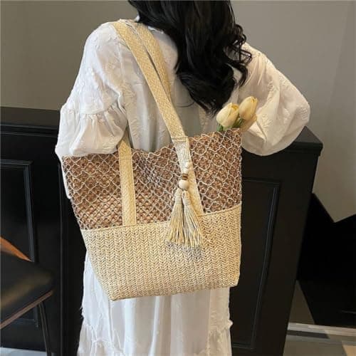 Aucuu Straw Beach Tote Bag Women, Straw Woven Beach Shoulder Bags, Handwoven Straw Handbag with Zipper, Straw Handbags for Women, Summer Beach Bag Tote Bag for Holiday Travel Pool Daily — view 2