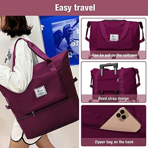 Large Capacity Folding Travel Bag - Lightweight Waterproof Carry On Luggage with Fixed Strap, Dry & Wet Separation - Foldable Travel Duffel for Sports & Gym (Wine Red) — view 4