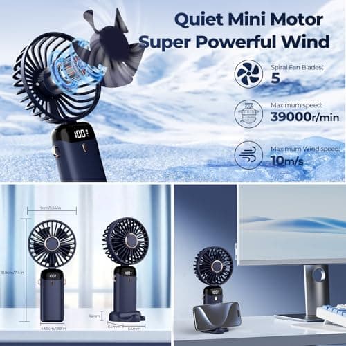 Refluxe Portable Handheld Fan, 4200mAh USB Fan with LED Display, 3-in-1 Handheld/Neck/Desktop Fan, 90° Adjustable Foldable, for Summer, Office, Bedroom, Travel, Gifts for Adult & Kid (Dark Blue) — view 5