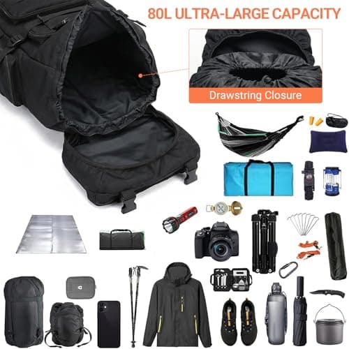 Vnvnvnv 80L Waterproof Hiking Backpack Camping Backpack, Black — view 6