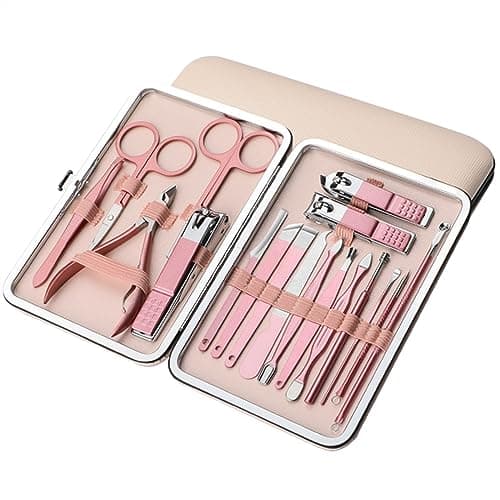 Manicure Set, Travel Manicure Set with Pink Case, Professional Nail Clipper Set 18 in 1 Stainless Steel Pedicure Care Grooming Kit with Splash Proof Nail Clipper,Nail Care Tools