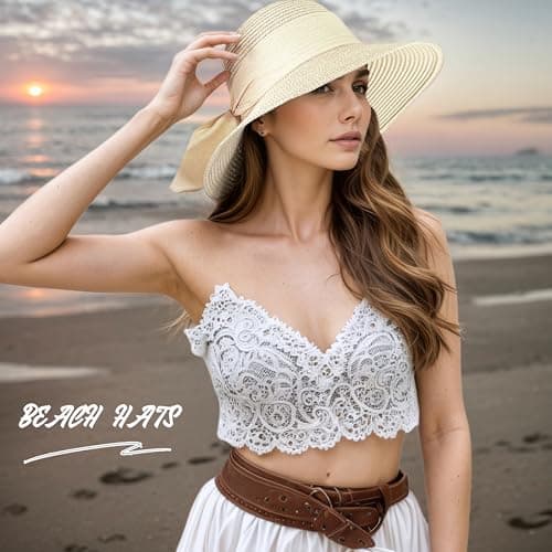 lifwimner Straw Sun Hats for Women UV Protection, Foldable Floppy Bowknot Straw Hats Wide Brim Summer Beach Cap with Chin Strap for Beach Vacation Travel Holiday (UK, Alpha, M, Beige) — view 6
