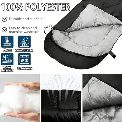 Sleeping Bag for Adults & Kids, 3‑4 Season Cold Weather Camping with Carry Bag, Portable Lightweight Warm for Camping, Hiking, Backpacking & Festival (Black) — view 4