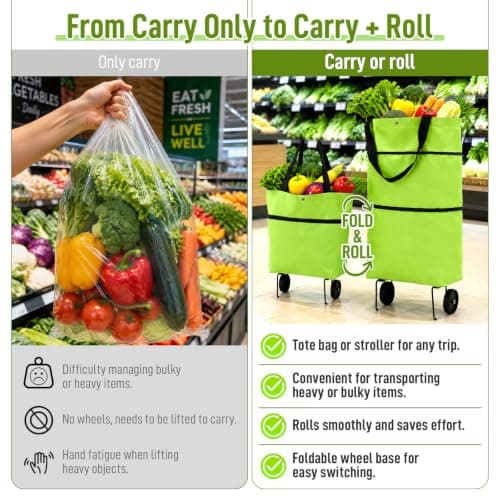 2-in-1 Foldable Shopping Bag with Wheels,2026 New Foldable Shopping Carts for Groceries,Waterproof Rolling Grocery Tote with Sturdy Handle for Market,Shopping,Travel & Daily Use — view 3