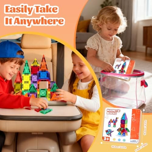 51PCS Mini Magnetic Tiles Travel Set with Iron Storage Box Kids Toys Gifts for 3-8 Years Boys Girls Toddlers, Portable Building Blocks Montessori Educational Toy for Plane, Car Rides & On-The-Go Play — view 3