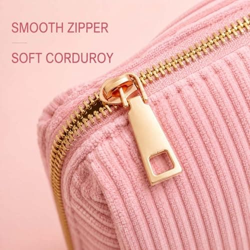Soft Pink Corduroy Makeup Bag with Gold Metal Zipper for Cosmetic Storage in Travel, Vanity & Daily Commute - Portable Pouch Organiser for Women — view 2