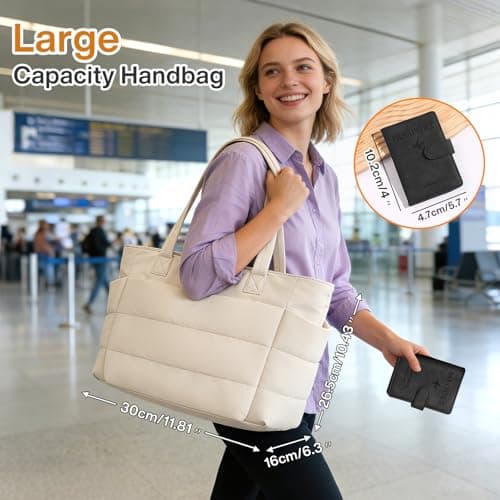 20L Tote Bag for Women with Zip & Multifunctional Travel Card Holder -White — view 2