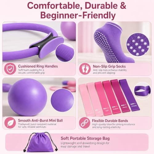 Purecas Home Pilates & Yoga Starter Kit for Women & Beginners | 9 Inch Exercise Ball, Resistance Bands, Pilates Ring, Ankle Straps | Essential Equipment Set for Core Workouts, Stretching — view 6