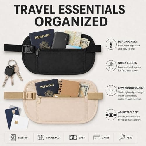 WVGSXBO 2 Pack Hidden Travel Money Passport Belt, Waterproof Anti-Theft Undercover Waist Pouch, Adjustable Secure Wallet for Passport Cash Cards Phone Adults, Black & Beige — view 6