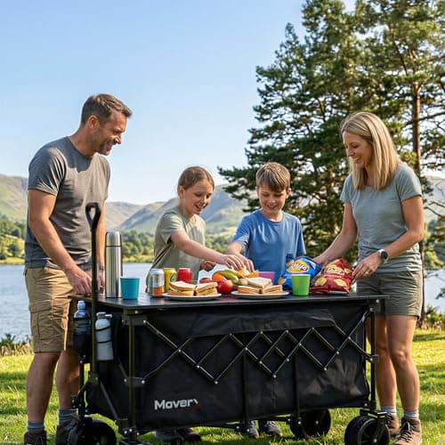 MoverX 300L Camping Trolley on Wheels, Table Folding Wagon, Portable Camping Cart, Foldable Trolly for Festival Beach Outdoor Garden Picnic Shopping Fishing, Wide Wheels, Adjustable Handle, Black — view 2