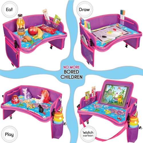 ECOFANTASY Kids Car Seat Tray & Travel Table with Tablet Holder – Pink — view 6