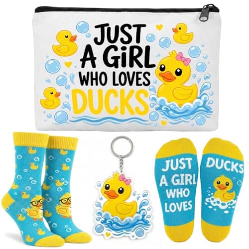 prezentz Duck Gifts Set for Women and Girls, 3 Pcs Canvas Makeup Bag with Socks and Keyring, Cute Yellow Duck Accessories, Just A Girl Who Loves Ducks, Christmas Birthday Gifts for Mum Sister Friend