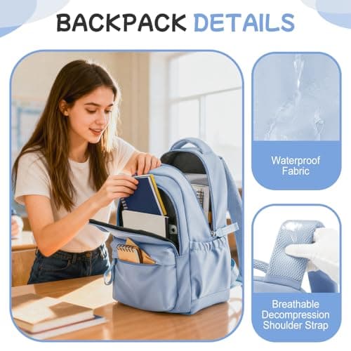 WEPLAN School Backpack School Bag for Teenage Girls Boys College Rucksack Lightweight Schoolbag Casual Backpack Dayback Women Bookbag College Waterproof 14 Inch Laptop Backpacks,C11-Sky Blue — view 5