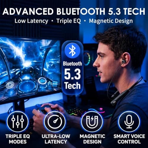 Bluetooth Neckband Headphones 5.3, 100H Playtime, IPX6 Sweatproof, with Mic — view 4