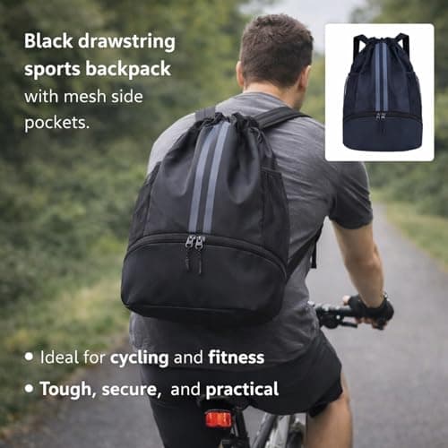 RubyTint Drawstring Gym Bag-Waterproof Sports Backpack with Shoe Compartment and Wet Dry Separation, Large Unisex Swimming Bag with Mesh Fabric and Adjustable Shoulder Straps (black) — view 4