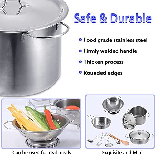 Stainless Steel Pretend Cooking Utensils Cookware Set,Mini Play Kitchen Accessories,Play Pots and Pans Toys Packed in a golden cloth bag for Kids Toddlers — view 5