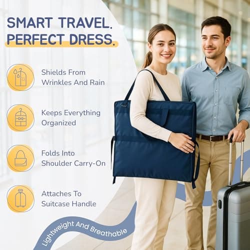 Sturdy Oxford polyester fabric - Wedding Dress Garment Bag - Shoulder Strap - Accessory Pockets - Attaches to Suitcase – Waterproof – Trifold – Designed for Full Skirts (Blue) — view 2