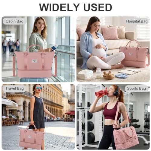 OSDUE Womens Gym Bag, 50L Large Travel Duffle Bags for Weekend Overnight with Wet Pocket, Toiletry Bag, Shoe Compartment, Cabin Luggage Holdall Bags for Hospital Sports, Pink — view 6