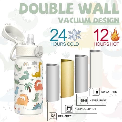 GOPPUS 350ml/12oz Kids Stainless Steel Water Bottle with Straw Toddler Drinks Bottle with Handle Small Insulated Bottles School Cold Metal Flask with Flip Top Lid BPA Free (White Dinosaur) — view 5