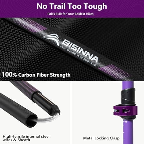 BISINNA Carbon Fibre Trekking Poles, 2-Pack, Lightweight Collapsible Walking Sticks, Quick Lock System (Purple, 95-115cm) — view 4