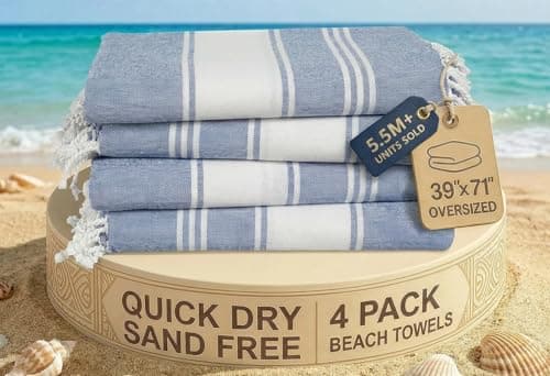 Lane Linen Beach Towels 4 Pack Oversized - Cotton Rich Turkish Towel Set, Pre-Washed Oversized Beach Towel, Quick Dry Beach Towels For Travel, Beach Towel Large, Sand Free Towel,39"x71" - Forever Blue
